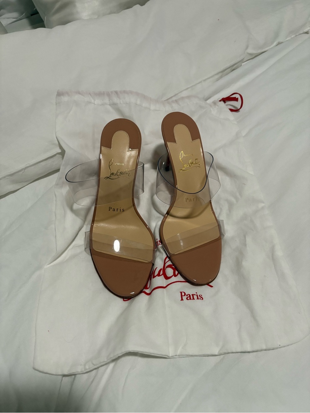 Christian Louboutin Tan and Clear Strap Slide Sandals
